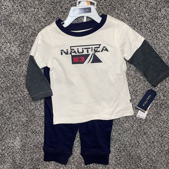 Nautica Boys Outfit joggers sweatpants long sleeve shirt set 12mo NWT cream blue - Picture 1 of 4